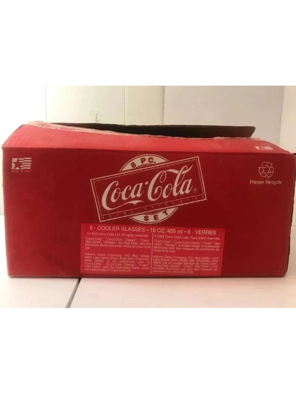 Vtg Indiana Glass Coca Cola Georgia Green Pebble Bell 16oz Glasses Set of 7 Box